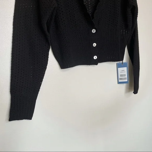 J.ING Black Crop Cardigan Open Knit Long Sleeve V-neck Button Small Medium NWT - Picture 2 of 9